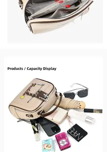 Detail view of the bag's interior storage showing compartments for cameras and cosmetics