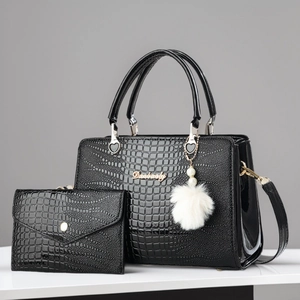 Crocodile Pattern PU Leather Handbag And Matching Clutch Large Capacity Tote With Fur Ball Charm Women Business Commute Elegant