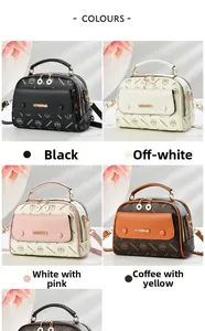 Detail showing four stylish crossbody bags with HSJ monogram print and metal hardware