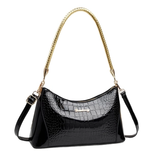 Glossy black faux crocodile patent leather handbag with gold woven handle for women