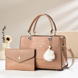 Crocodile texture tote bag set for women with pearl charm and small matching pouch