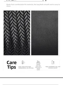 Detail of black PU leather bag showing herringbone texture and maintenance guide icons