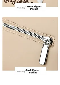 Detail view showing front and back metal zippers on beige leather shoulder bag