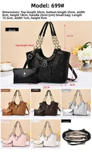 Detailed view of crocodile pattern tote bag set with size specs and color options