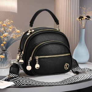 Women Shoulder Crossbody Bag PU Leather Litchi Pattern Multi Layer Zipper Wide Woven Strap Casual Fashion Handbag