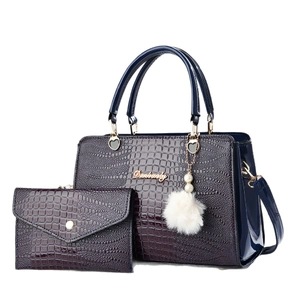 Deep purple crocodile pattern tote bag set with matching wallet and plush pendant