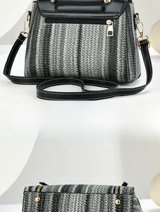 Détail du sac tissé avec base en cuir, clous dorés de protection et poche zippée arrière