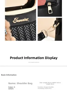 Detail view of woven leather bag showing 25x12x20cm dimensions and gold-tone metal hardware