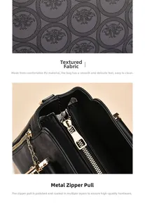 Détail du sac en cuir PU avec motifs vintage circulaires et fermetures éclair dorées polies