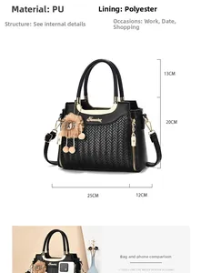 Detailed view of black woven PU leather handbag with gold accents and size specifications