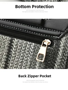 Détail de la poche zippée arrière d'un sac en tweed avec quincaillerie dorée