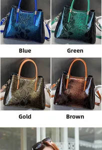 Detailed close-up of glossy snakeskin texture handbags in blue, green, gold and yellow