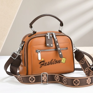 Tan leather square handbag with Fashion embroidery and bear pattern on crossbody strap