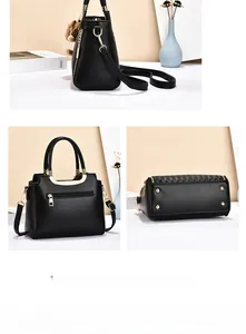 Detailed views of black leather handbag with gold hardware and plush charm decoration