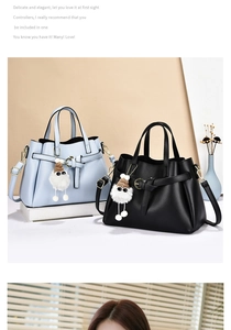 Detailed view of pebbled leather crossbody bags with bow charm and adjustable straps