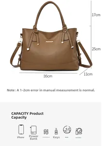 Detailed size diagram for brown leather handbag showing 35x25x11cm dimensions