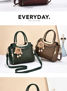 Close-up of woven texture handbags in dark green and brown with plush lion charm