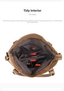 Brown soft leather tote showing interior large capacity compartments and pockets