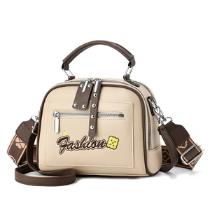 Chic two-tone shell handbag in beige and brown PU leather with embroidered fashion text