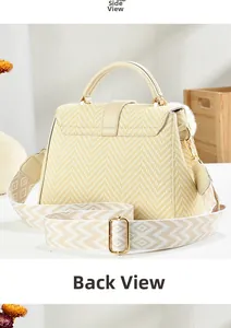Vue de côté et arrière du sac beige tressé avec bandoulière jacquard et détails dorés