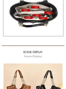 Detail of multi-compartment interior and crocodile pattern tote bag with chain strap