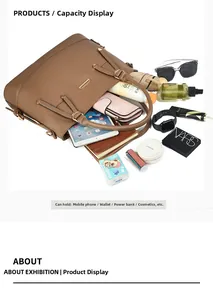 Brown soft faux leather tote bag showing large capacity with daily essentials inside