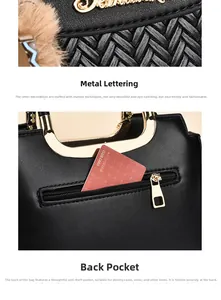 Detail of black tote bag showing woven texture, gold hardware, and rear anti-theft zip pocket