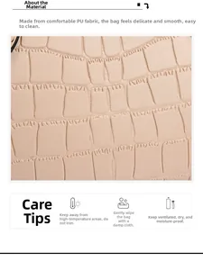 Détail du tissu en cuir PU gaufré crocodile et guide d'entretien pour sac à main