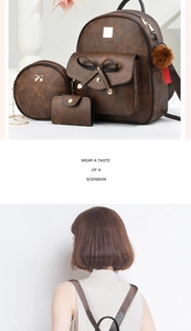 Ensemble sac à dos 3 pièces en cuir marron avec nœud doré et pompon en peluche