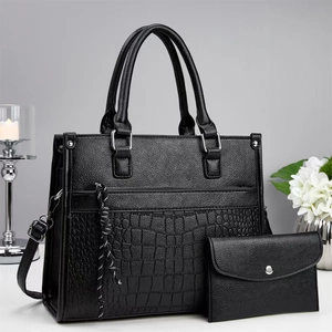 Schwarzes Shopper-Set mit strukturiertem Leder und passender kleiner Umhängetasche