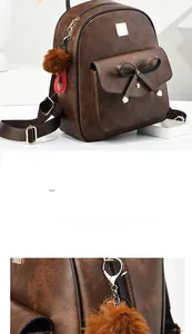 Détails du sac à dos en cuir PU marron rétro avec nœud et breloque pompon en peluche