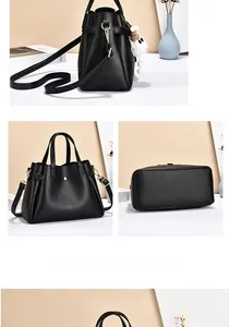 Black pebbled leather tote bag shown from front, side and bottom angles with pompom