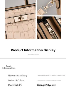 Vues détaillées du sac beige motif crocodile avec ferrures métalliques et dimensions