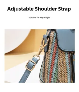 Detail of adjustable blue leather strap and colorful woven straw bag texture