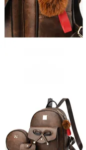 Ensemble détaillé de sac à dos en cuir PU marron, sac bandoulière rond et porte-cartes