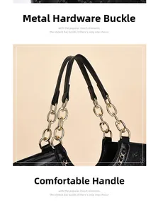 Close-up of golden metal chain clasp and crocodile embossed leather handle on black bag