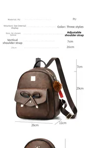 Diagramme de mesure détaillé du sac à dos en cuir PU marron avec nœud et pompon déco