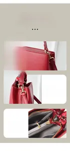 Detail of red bridal bucket bag with gold hardware, reinforced handle and printed silk scarf