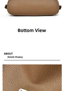 Detailed macro view of brown lychee grain leather texture and flat bottom of the handbag