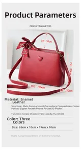 Detail view of red bridal bucket bag showing internal structure and 26x10x19cm size specs