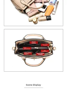 Détails de l'intérieur du sac tote à motif crocodile avec compartiments de rangement