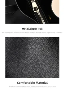 Detail of black litchi grain PU leather texture and polished gold metal zipper hardware