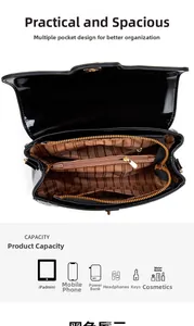 Vue intérieure du sac à main noir brillant montrant les compartiments pour iPad et mobile