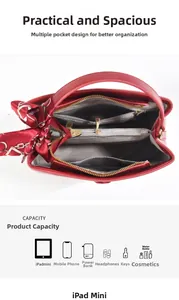 Detail of red bridal bucket bag showing large interior capacity with multi-pocket layout