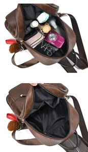 Vue intérieure du sac à dos en cuir PU marron montrant le compartiment principal spacieux