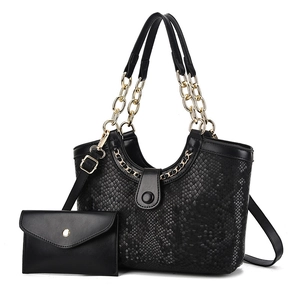 Large black crocodile pattern tote bag set with metal chain handle and matching pouch