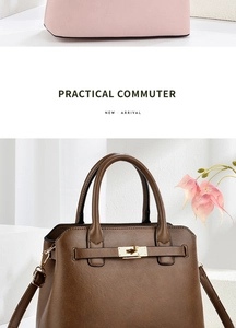 Detail of pink and brown leather handbags with gold metal locks and handles