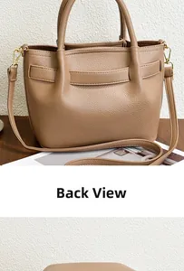 Back view of brown lychee grain PU leather tote bag with adjustable shoulder strap
