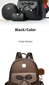 Détails d'un ensemble 3 pièces de sacs à dos pour femme en cuir PU avec nœud et pompon