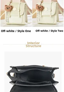 Detail view of cream crossbody bags showing woven texture and black inner lining with pocket